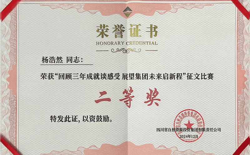 中成集团杨浩然喜获四川菲彩国际集团“回顾三年成就谈感受 展望集团未来启新程”征文比赛二等奖